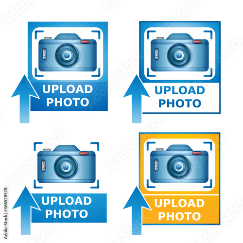 Upload your photo image icon set. Blue camera picture on photography with loading arrow. Concept add file to website gallery, uploading photograph on cloud server, download snapshot. Vector on white