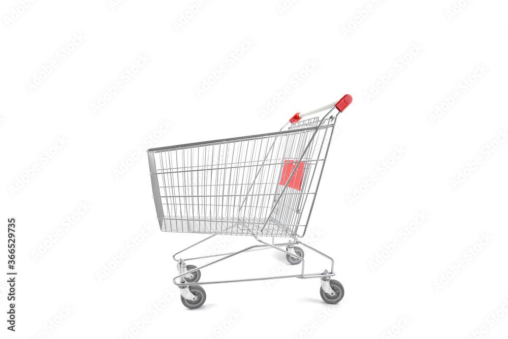 Empty shopping cart viewed from side isolated on white background.      