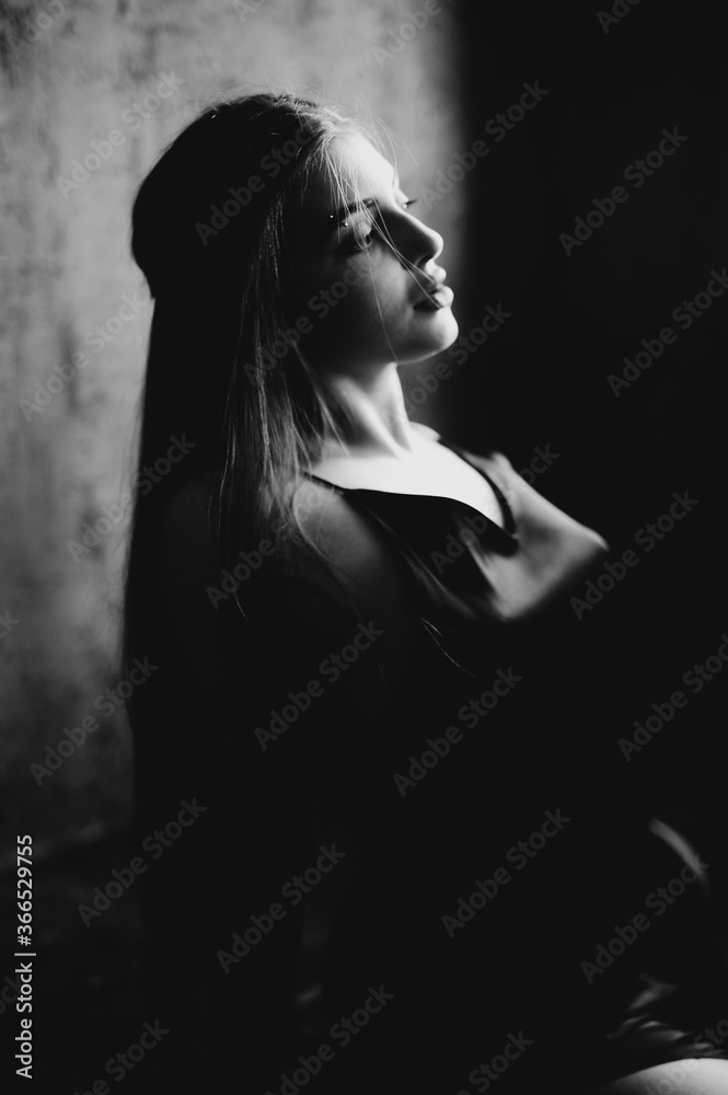 Black and white portrait of caucasian brunette