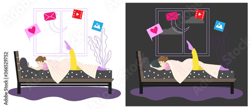 The girl sits on social networks at night. Sleepless night. Bad habits. Girl with a smartphone. Vector illustration. Isolated.