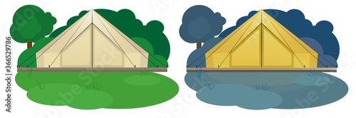 Vector illustration of glamping tent in the daytime and at night. Summer. Vacation in the forest. Living in nature. Isolated