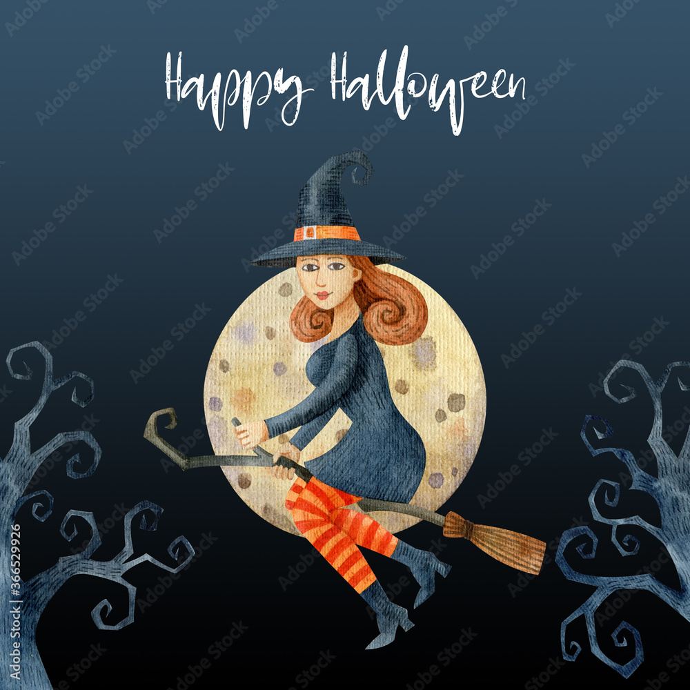 Halloween square greeting card template. Watercolor illustration. Witch ...