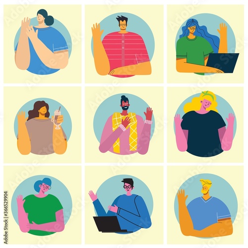 People waving hands flat vector illustrations set. Smiling young men and women in casual clothing greeting gesture hi.