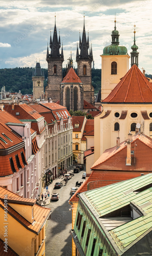 Towers of Prague and old town streets, city center view, Czech republic