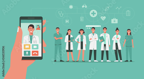 telemedicine concept, human hand holding smartphone using app for video call, healthcare or online consultation with doctor on screen and medical staffs standing, vector flat illustration
