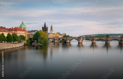Evening view Charles bridge and historical center of Prague, buildings and landmarks of old town, Czech Republic