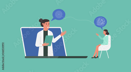 online doctor, healthcare and medical consultation or psychological help and support service concept, telemedicine, psychologist and patient, depression and stress, vector flat illustration