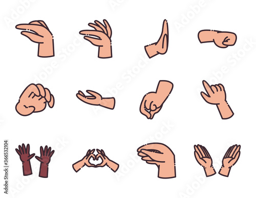gestures with hands line and fill style icon set vector design