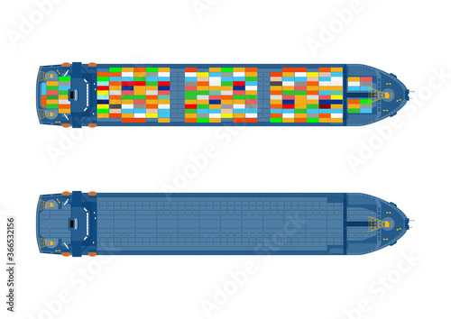 Top view of the container ship. Empty and loaded ship on a white background. Vector.