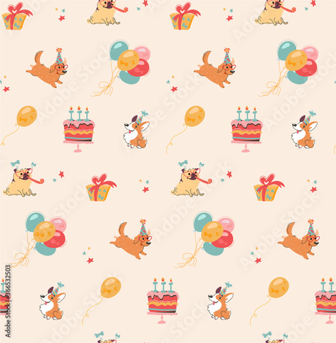 Vector seamless texture of festive attributes for a dog party. Flat background with cakes, dogs, pug and labrador, balloons, presents, stars. Isolated for printing on clothing, postcards, packaging.