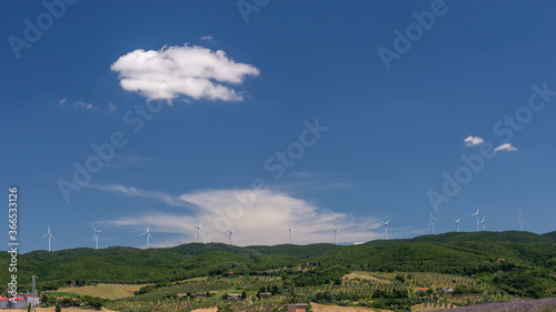 The wind farm with thirteen wind turbines on the Tuscan hills near Santa Luce, Italy, on a sunny day