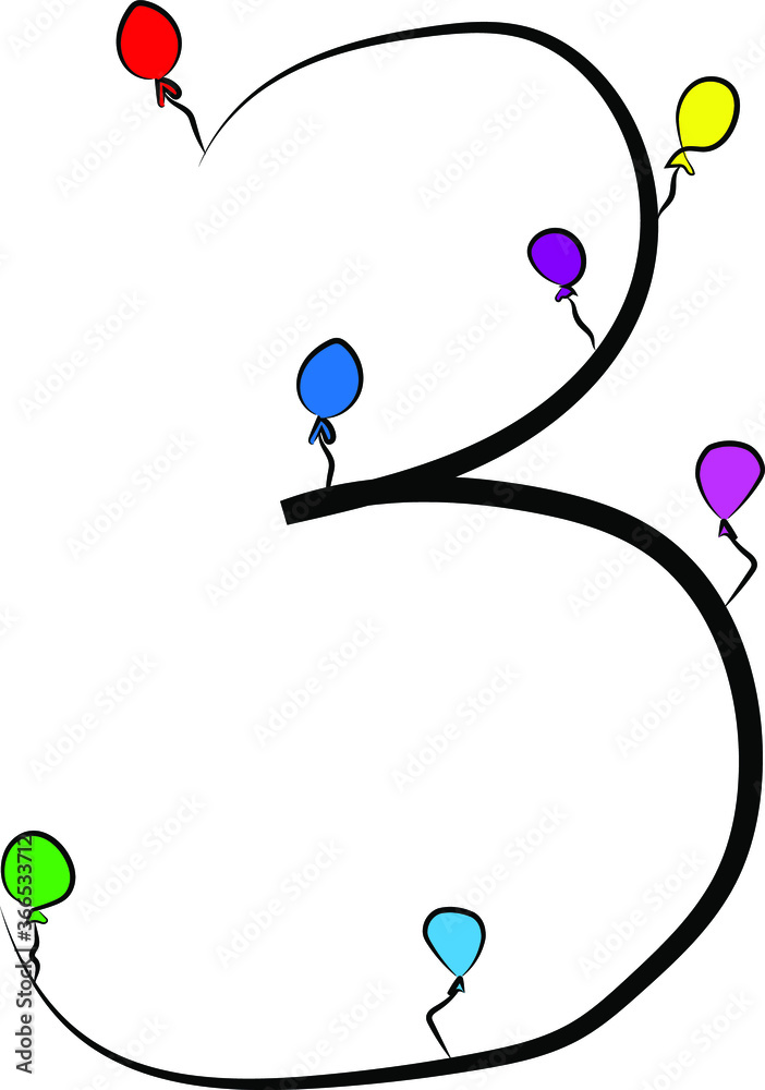 Festive children's font. Black branches and bright colored balloons. Birthday, anniversary, holiday. Design of greeting cards and invitations for weddings and anniversaries. Arabic numeral 3. Concise