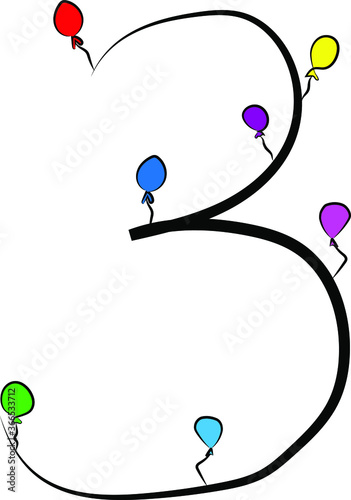 Obraz na płótnie Festive children's font. Black branches and bright colored balloons. Birthday, anniversary, holiday. Design of greeting cards and invitations for weddings and anniversaries. Arabic numeral 3. Concise w salonie