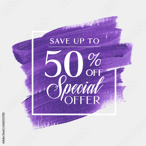 Sale special offer 50% off sign over art brush acrylic stroke paint abstract texture background vector. Perfect art design for a shop and sale banners.