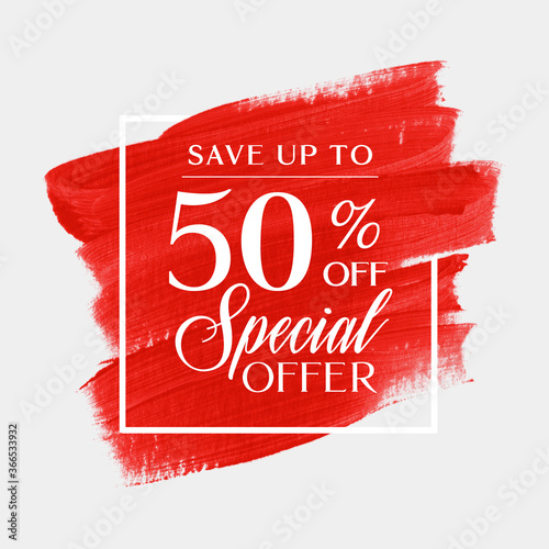 Sale special offer up to 50% off sign over art brush acrylic stroke paint abstract texture background vector. Perfect art design for a shop and sale banners.