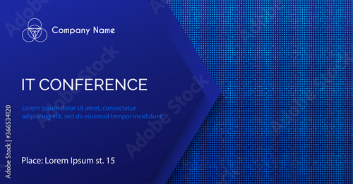 Conference vector template. Abstract dotted blue background for IT conference invitation, business meeting. Banner for social media announcement