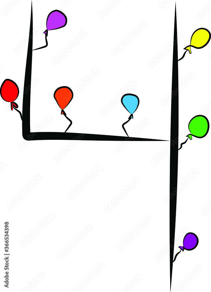 Festive children's font. Black branches and bright colored balloons. Birthday, anniversary, holiday. Design of greeting cards and invitations for weddings and anniversaries. Arabic numeral 4. Concise