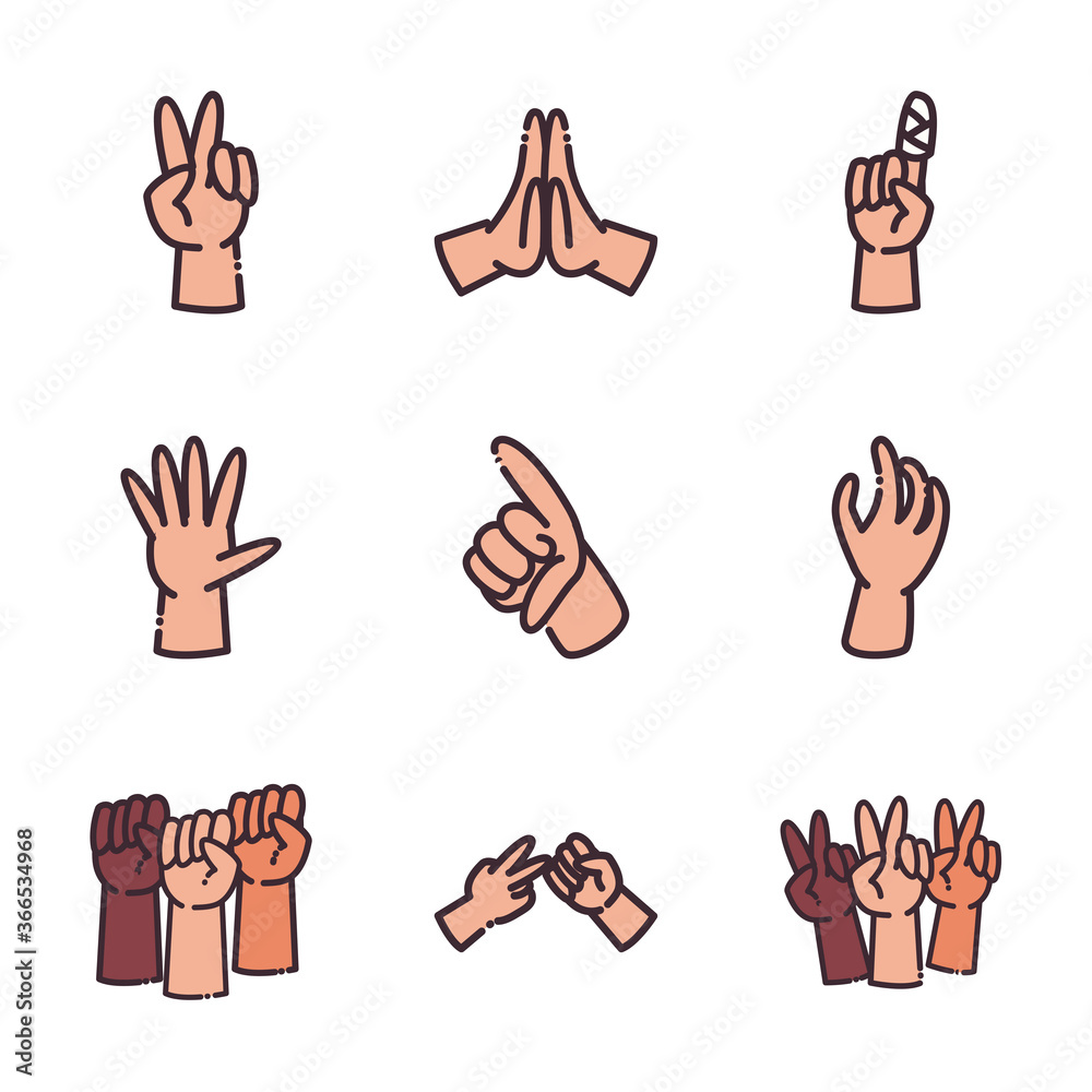 Fototapeta premium gestures with hands line and fill style icon set vector design