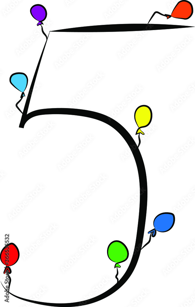 Festive children's font. Black branches and bright colored balloons. Birthday, anniversary, holiday. Design of greeting cards and invitations for weddings and anniversaries. Arabic numeral 5. Concise