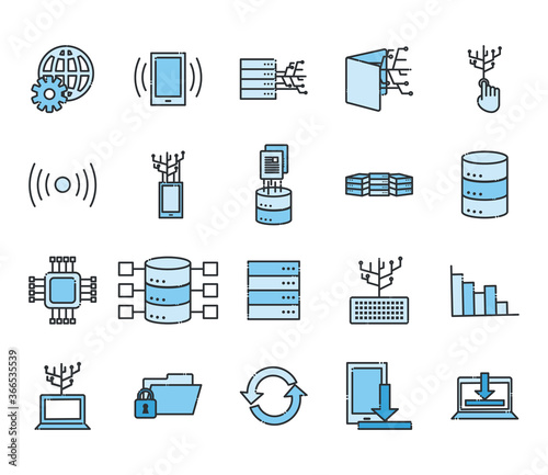 Big data line and fill style icon set vector design