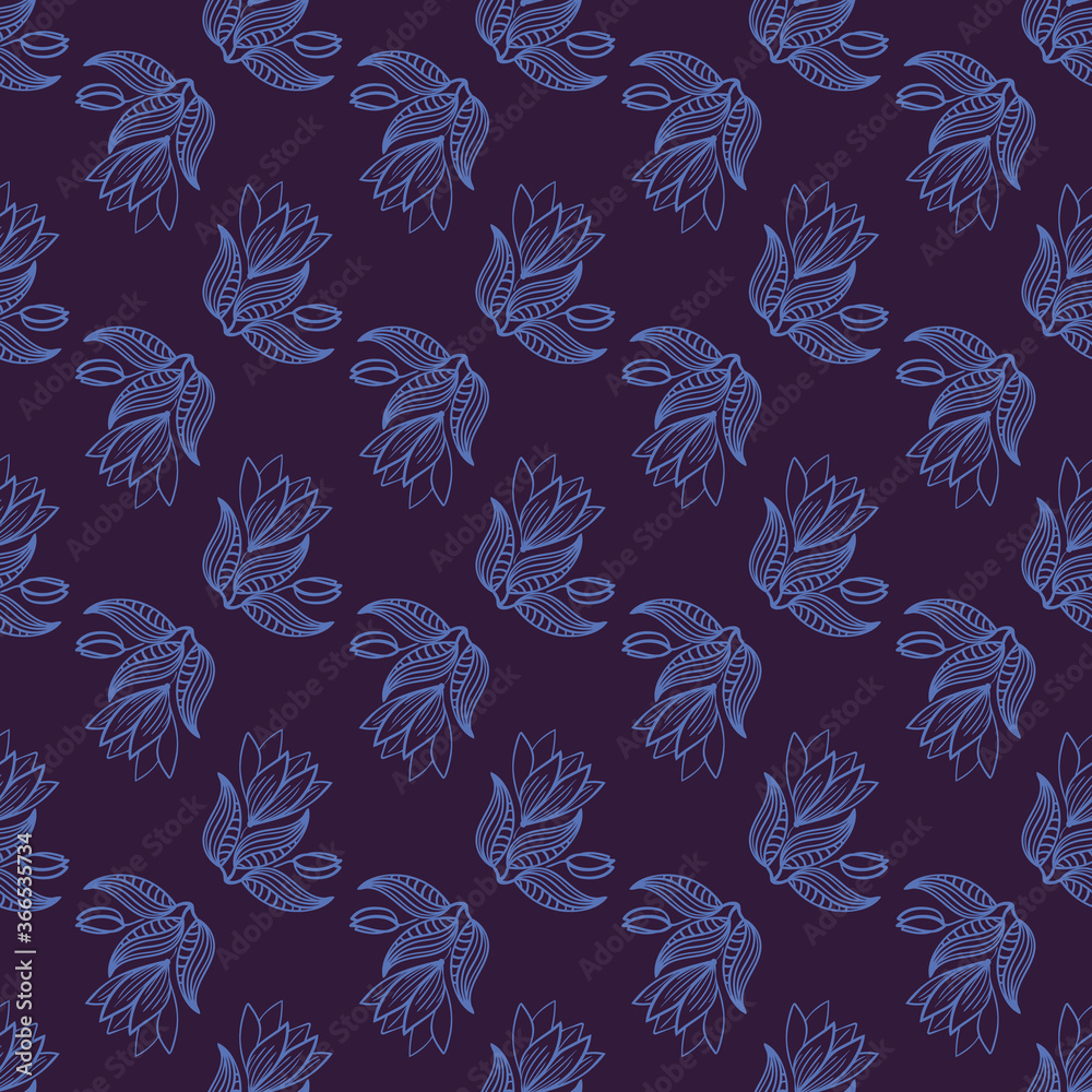 Blue flowers seamless vector pattern on indigo background. Decorative surface print design for fabrics, stationery, gift wrap, home decor, backgrounds, fashion, scrapbooking, and packaging.