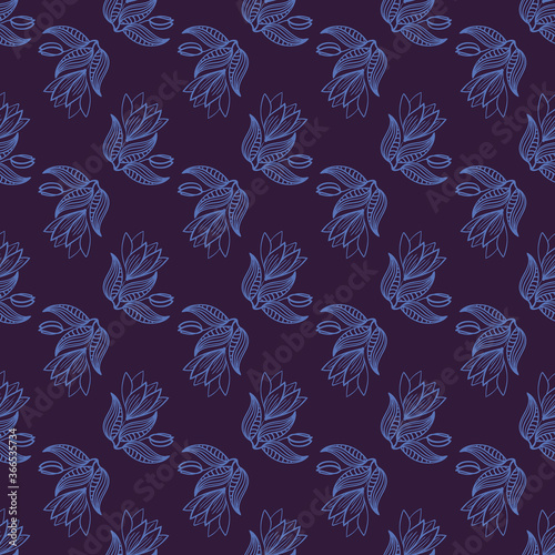 Blue flowers seamless vector pattern on indigo background. Decorative surface print design for fabrics, stationery, gift wrap, home decor, backgrounds, fashion, scrapbooking, and packaging.
