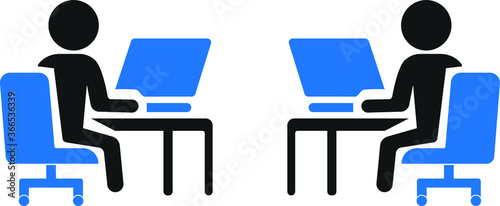 People working on laptops icon. Social distancing icon. Corona virus epidemic protective. Vector illustration