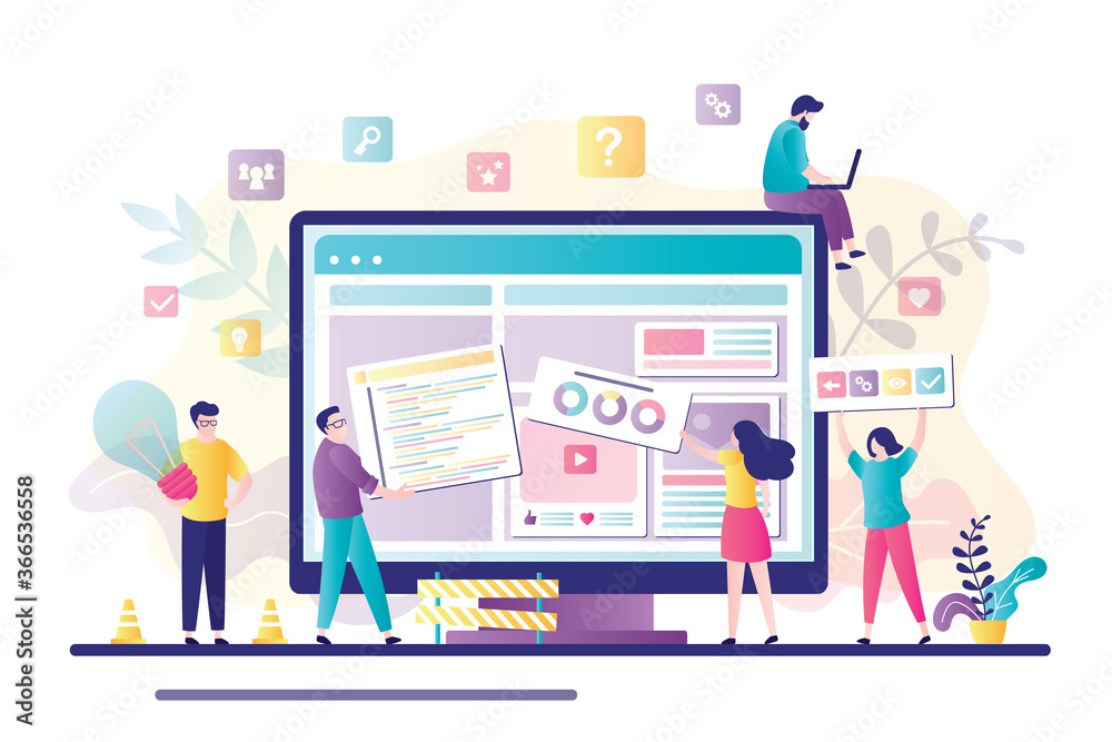 Business team working together on web page design. People building website interface on computer. Web development, teamwork,