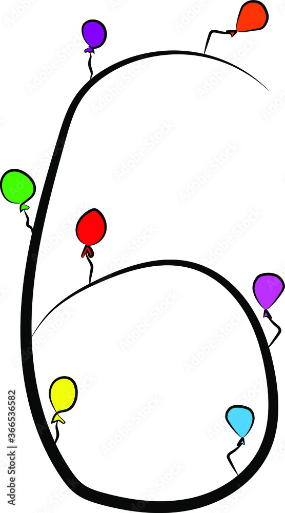 Festive children's font. Black branches and bright colored balloons. Birthday, anniversary, holiday. Design of greeting cards and invitations for weddings and anniversaries. Arabic numeral 6. Concise