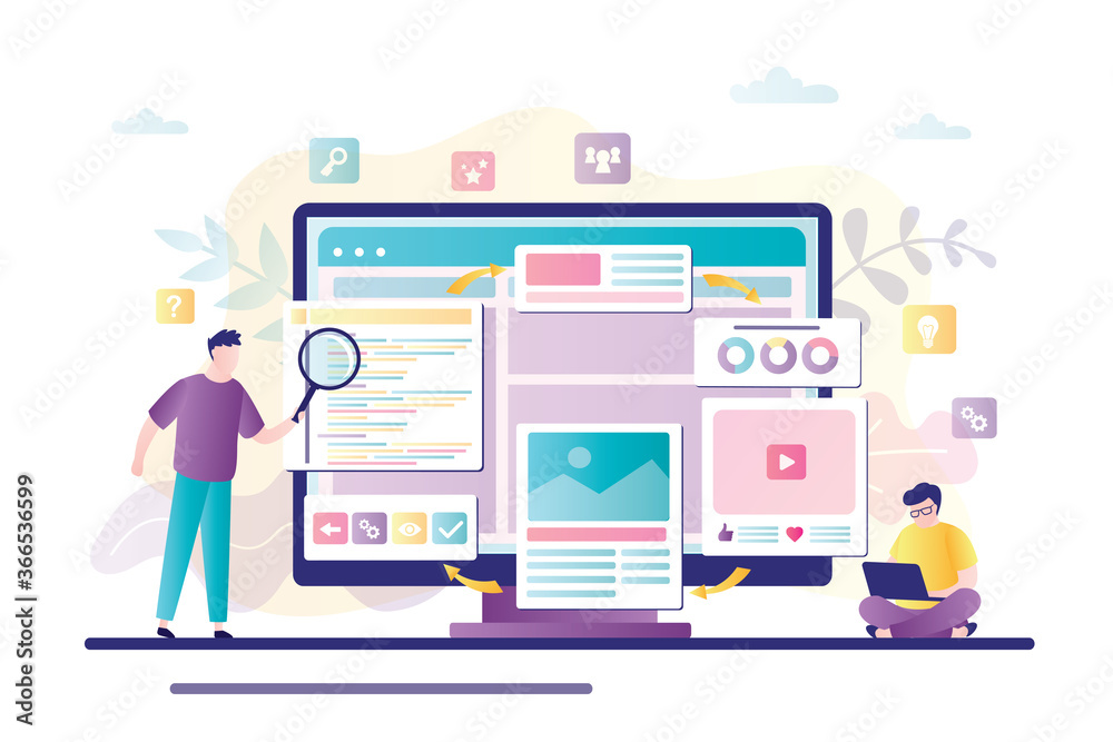 Two businessman builds and develop web page design on monitor. Teamwork, construction and web builders concept. Two businessman builds and develop web page design on monitor. Teamwork, construction and web builders concept.