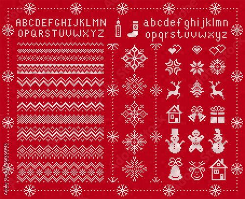 Knit font and xmas elements . Vector. Christmas seamless borders. Sweater pattern. Fairisle ornament with type, snowflake, deer, bell, tree, snowman, gift box. Knitted print. Red textured illustration
