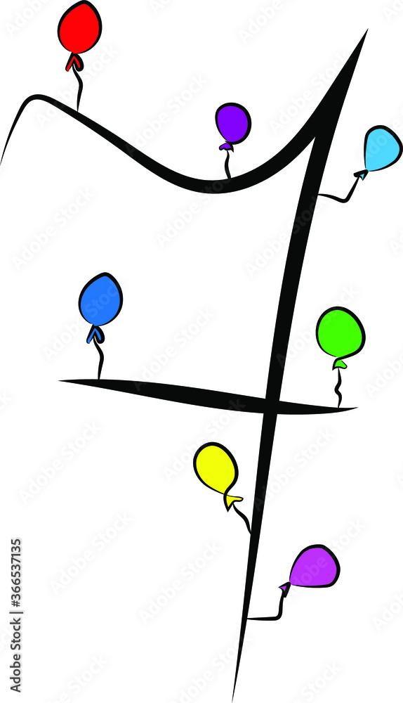Festive children's font. Black branches and bright colored balloons. Birthday, anniversary, holiday. Design of greeting cards and invitations for weddings and anniversaries. Arabic numeral 7. Concise