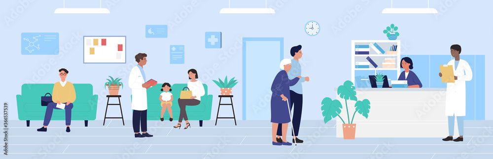 Fototapeta premium Hospital reception vector illustration. Cartoon flat patient characters waiting doctors appointment, older hospitalized woman and man come to receptionist desk. Healthcare medicine office background