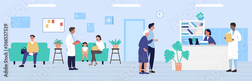 Hospital reception vector illustration. Cartoon flat patient characters waiting doctors appointment, older hospitalized woman and man come to receptionist desk. Healthcare medicine office background