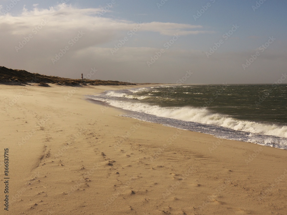 Landscape on the island of Sylt northern tip, in the foreground fine sandy beach and dunes in stormy winter weather , in the background a red - white streaked lighthouse, wavy sea whipped by the wind