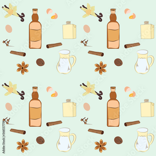 Pattern -Eggnog - ingredients - Handmade drawings and inscriptions - vector. Healthy eating. Christmas drink