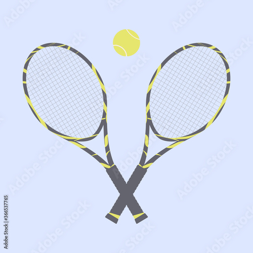 Two beautiful rackets decorated with a cute pattern and a tennis ball on a light blue background. Equipment for tennis on the court.Raster flat illustration © tatiana77777