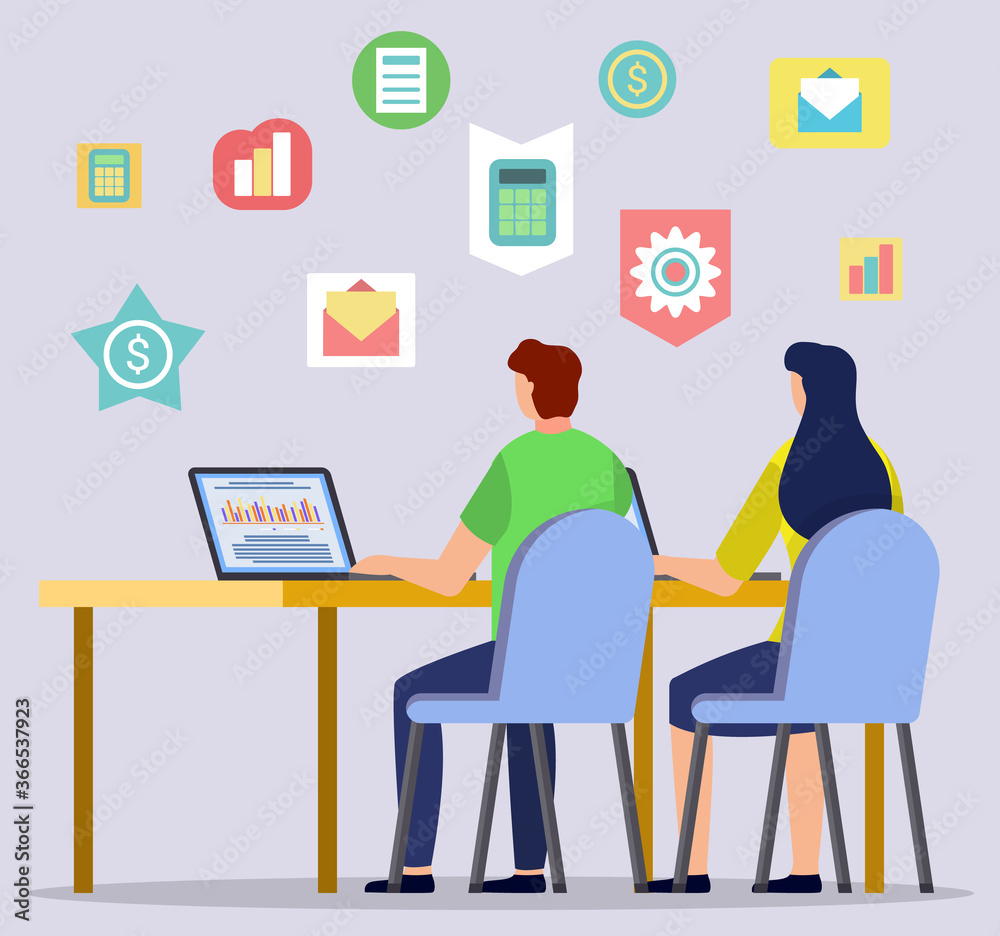 People online learning with laptop and education icons on grey. Man and woman sitting at desktop and working with computer. Male and female student and communicating with pc for e-education vector People online learning with laptop and education icons on grey. Man and woman sitting at desktop and working with computer. Male and female student and communicating with pc for e-education vector