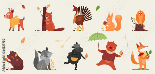 Cute animal in autumn vector illustration set. Cartoon hand drawn autumnal forest collection with funny animals holding symbols of fall season, deer beaver rooster hedgehog squirrel owl fox sheep bear