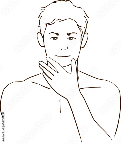 頬に手をあて笑顔の男性_短髪