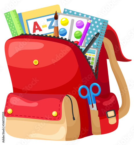 Colored school backpack. Education and study back to school, schoolbag luggage, rucksack vector illustration. Kids school bag with education equipment. Backpacks with study supplies. Student satchels