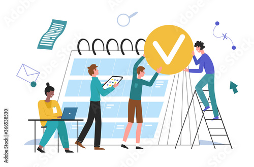 Business people planning vector illustration. Cartoon flat employee character team working together on business plan, scheduling week or month task in office planner calendar concept isolated on white