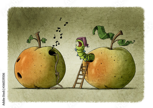 worm that lives inside an apple is angry because another neighboring worm won't let him sleep.