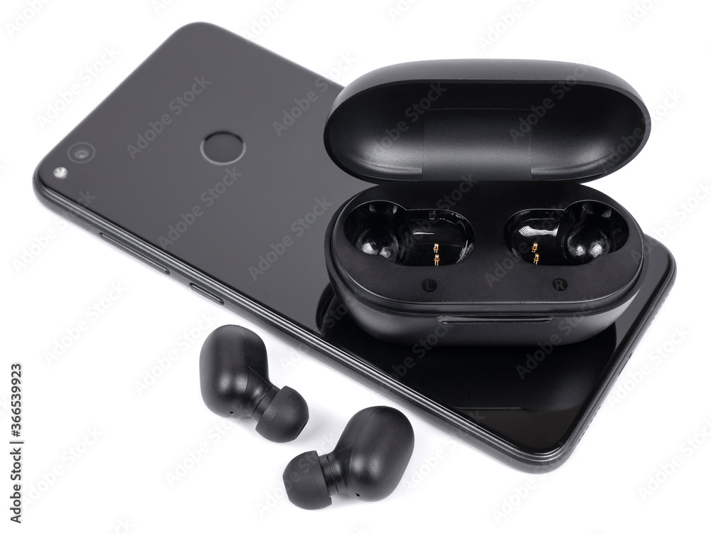 Wireless headphone with case and smartphone Wireless headphone with case and smartphone