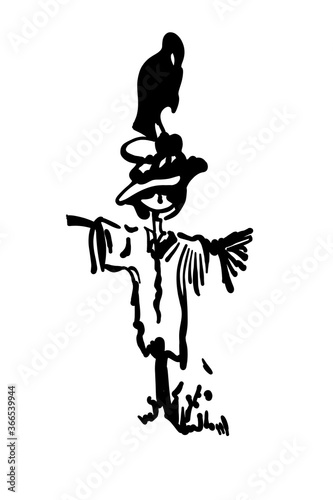 graphic image of garden scarecrow with raven on hat by black spots