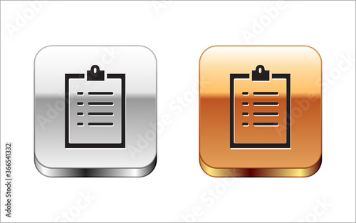 Black Clipboard with checklist icon isolated on white background. Control list symbol. Survey poll or questionnaire feedback form. Silver-gold square button. Vector Illustration.