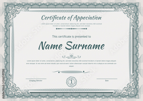 Official green guilloche border for certificate. Vector illustration.