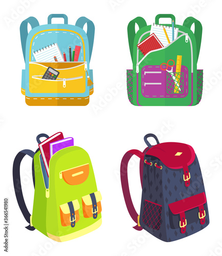 Colored school backpack. Education and study back to school, schoolbag luggage, rucksack vector illustration. Kids school bag with education equipment. Backpacks with study supplies. Student satchels