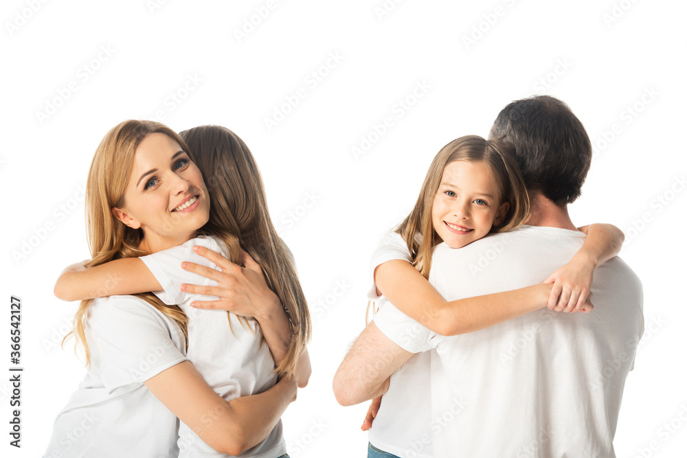 collage of daughter hugging mother and father isolated on white collage of daughter hugging mother and father isolated on white