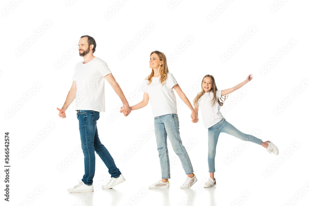 happy casual family holding hands isolated on white happy casual family holding hands isolated on white